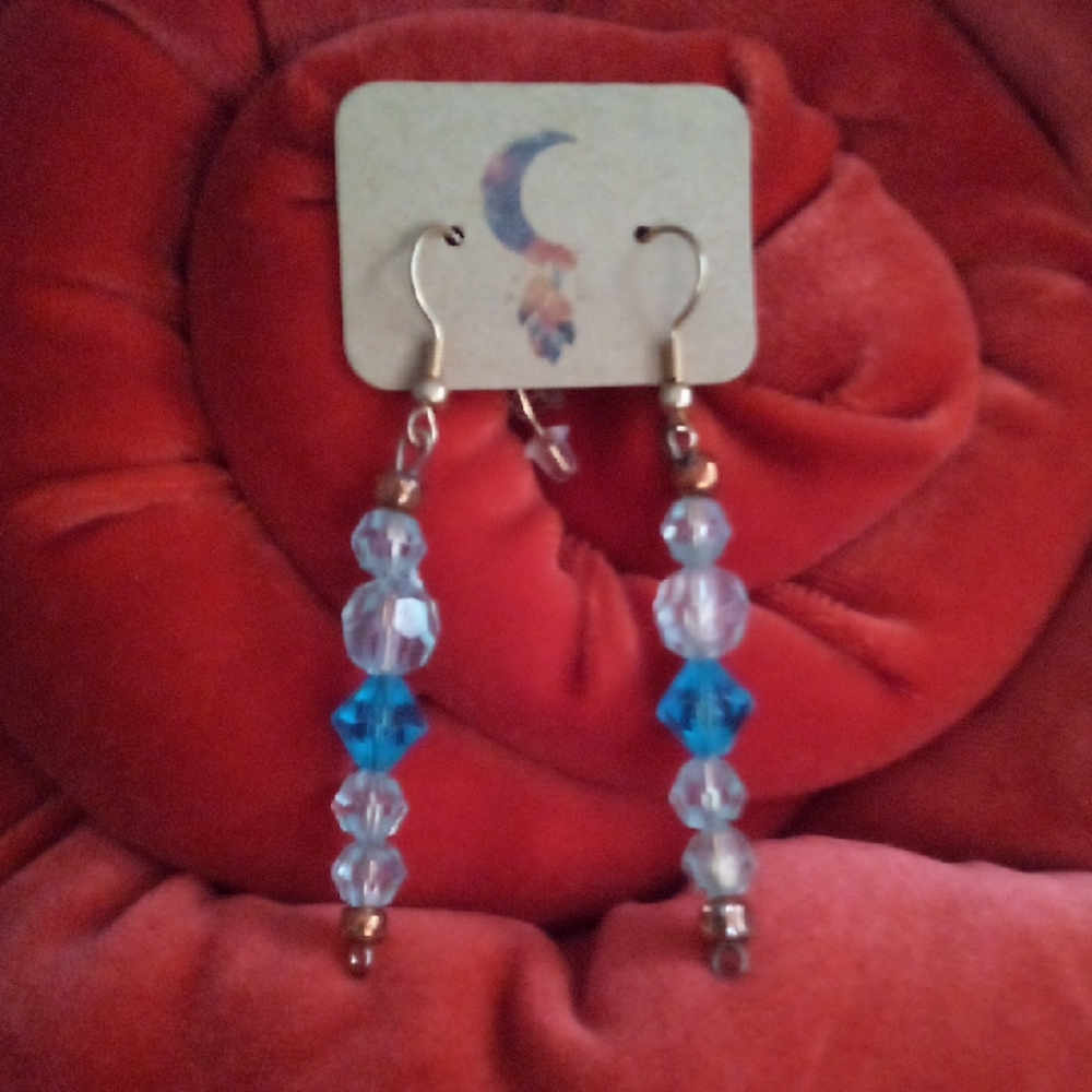 Beaded Gold Blue and Clear Irredescent Dangle Earrings
